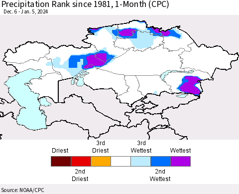 Kazakhstan Precipitation Rank since 1981, 1-Month (CPC) Thematic Map For 12/6/2023 - 1/5/2024