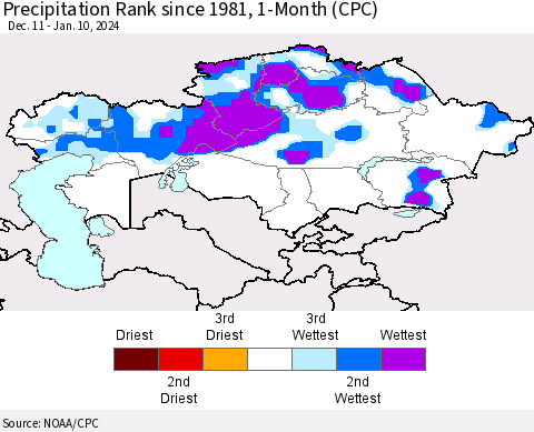 Kazakhstan Precipitation Rank since 1981, 1-Month (CPC) Thematic Map For 12/11/2023 - 1/10/2024