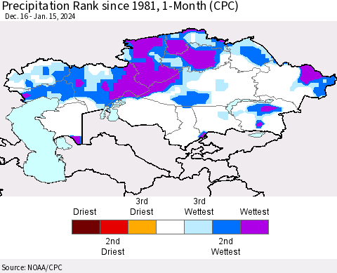 Kazakhstan Precipitation Rank since 1981, 1-Month (CPC) Thematic Map For 12/16/2023 - 1/15/2024