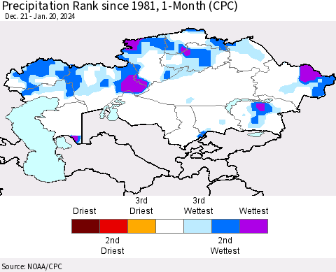 Kazakhstan Precipitation Rank since 1981, 1-Month (CPC) Thematic Map For 12/21/2023 - 1/20/2024