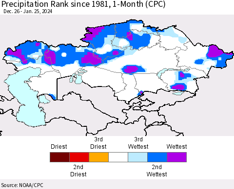 Kazakhstan Precipitation Rank since 1981, 1-Month (CPC) Thematic Map For 12/26/2023 - 1/25/2024