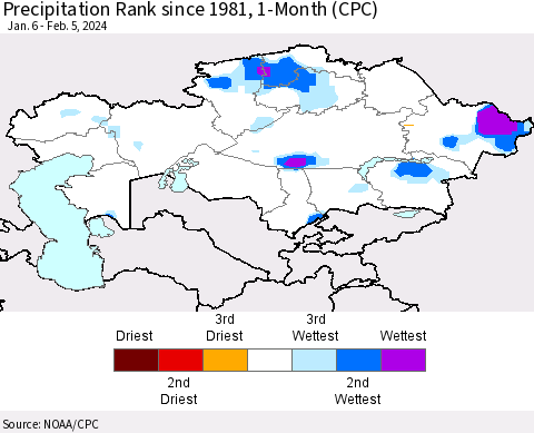 Kazakhstan Precipitation Rank since 1981, 1-Month (CPC) Thematic Map For 1/6/2024 - 2/5/2024