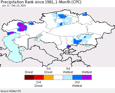 Kazakhstan Precipitation Rank since 1981, 1-Month (CPC) Thematic Map For 1/11/2024 - 2/10/2024