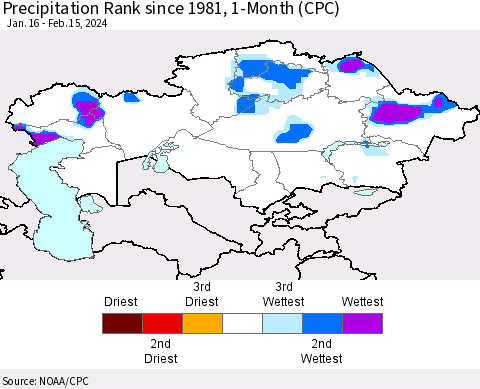 Kazakhstan Precipitation Rank since 1981, 1-Month (CPC) Thematic Map For 1/16/2024 - 2/15/2024
