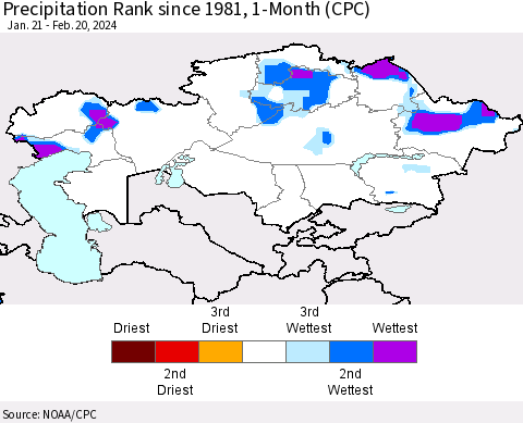 Kazakhstan Precipitation Rank since 1981, 1-Month (CPC) Thematic Map For 1/21/2024 - 2/20/2024