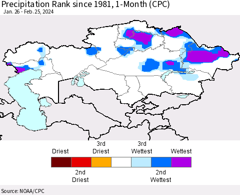 Kazakhstan Precipitation Rank since 1981, 1-Month (CPC) Thematic Map For 1/26/2024 - 2/25/2024