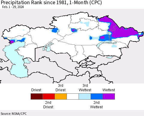 Kazakhstan Precipitation Rank since 1981, 1-Month (CPC) Thematic Map For 2/1/2024 - 2/29/2024