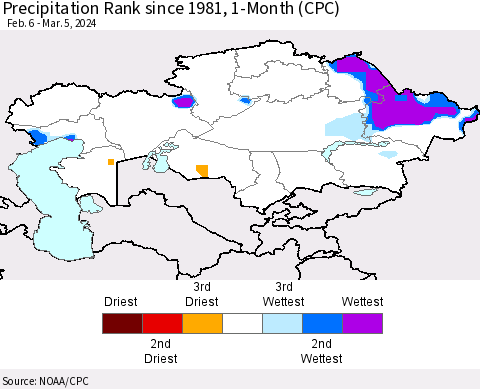 Kazakhstan Precipitation Rank since 1981, 1-Month (CPC) Thematic Map For 2/6/2024 - 3/5/2024