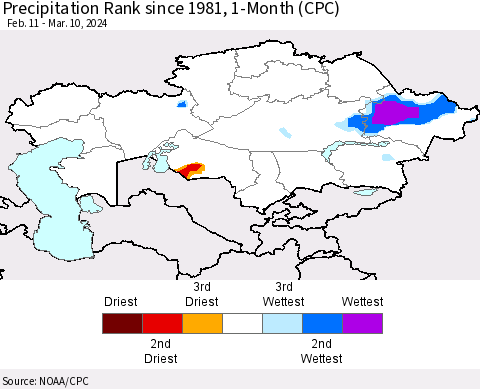 Kazakhstan Precipitation Rank since 1981, 1-Month (CPC) Thematic Map For 2/11/2024 - 3/10/2024