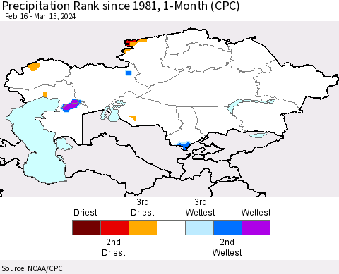 Kazakhstan Precipitation Rank since 1981, 1-Month (CPC) Thematic Map For 2/16/2024 - 3/15/2024