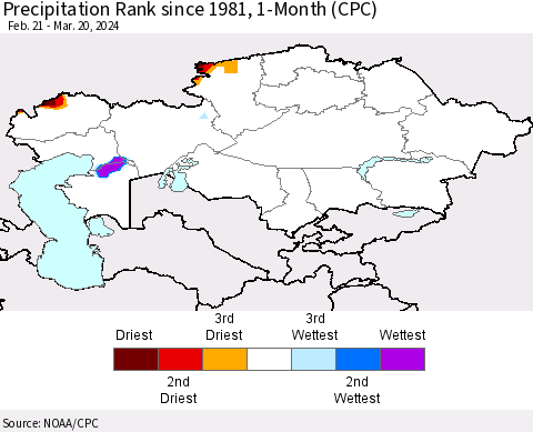 Kazakhstan Precipitation Rank since 1981, 1-Month (CPC) Thematic Map For 2/21/2024 - 3/20/2024