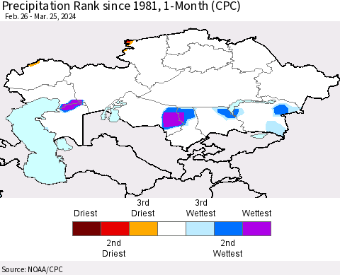 Kazakhstan Precipitation Rank since 1981, 1-Month (CPC) Thematic Map For 2/26/2024 - 3/25/2024