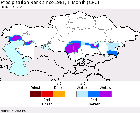 Kazakhstan Precipitation Rank since 1981, 1-Month (CPC) Thematic Map For 3/1/2024 - 3/31/2024