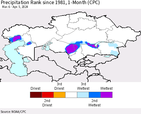 Kazakhstan Precipitation Rank since 1981, 1-Month (CPC) Thematic Map For 3/6/2024 - 4/5/2024