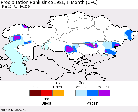 Kazakhstan Precipitation Rank since 1981, 1-Month (CPC) Thematic Map For 3/11/2024 - 4/10/2024