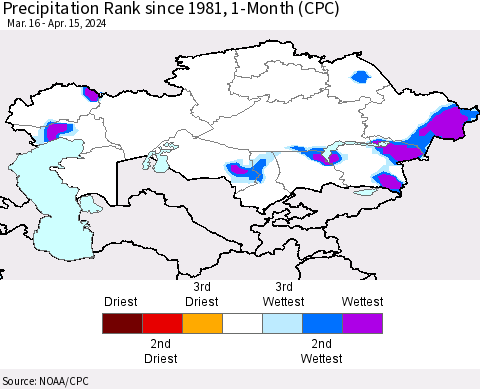 Kazakhstan Precipitation Rank since 1981, 1-Month (CPC) Thematic Map For 3/16/2024 - 4/15/2024