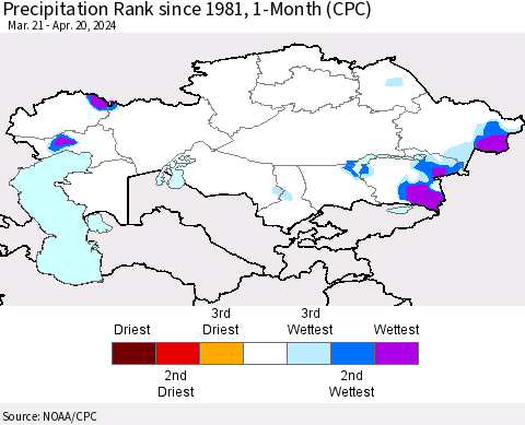 Kazakhstan Precipitation Rank since 1981, 1-Month (CPC) Thematic Map For 3/21/2024 - 4/20/2024