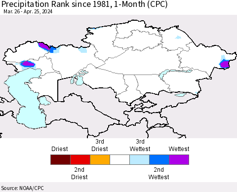 Kazakhstan Precipitation Rank since 1981, 1-Month (CPC) Thematic Map For 3/26/2024 - 4/25/2024