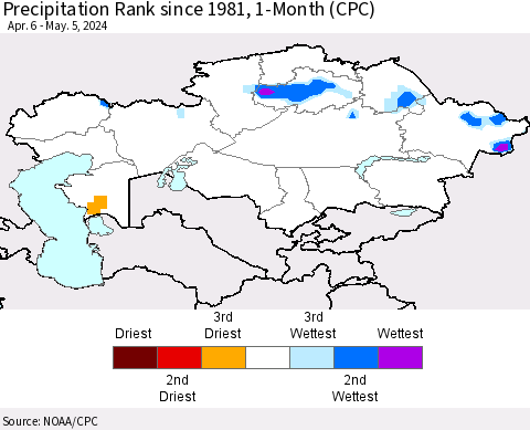 Kazakhstan Precipitation Rank since 1981, 1-Month (CPC) Thematic Map For 4/6/2024 - 5/5/2024