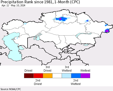 Kazakhstan Precipitation Rank since 1981, 1-Month (CPC) Thematic Map For 4/11/2024 - 5/10/2024