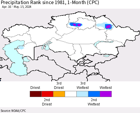 Kazakhstan Precipitation Rank since 1981, 1-Month (CPC) Thematic Map For 4/16/2024 - 5/15/2024