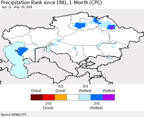 Kazakhstan Precipitation Rank since 1981, 1-Month (CPC) Thematic Map For 4/21/2024 - 5/20/2024