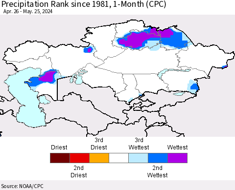 Kazakhstan Precipitation Rank since 1981, 1-Month (CPC) Thematic Map For 4/26/2024 - 5/25/2024