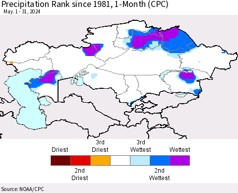 Kazakhstan Precipitation Rank since 1981, 1-Month (CPC) Thematic Map For 5/1/2024 - 5/31/2024