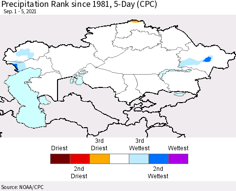 Kazakhstan Precipitation Rank since 1981, 5-Day (CPC) Thematic Map For 9/1/2021 - 9/5/2021