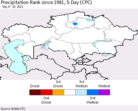 Kazakhstan Precipitation Rank since 1981, 5-Day (CPC) Thematic Map For 9/6/2021 - 9/10/2021