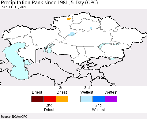 Kazakhstan Precipitation Rank since 1981, 5-Day (CPC) Thematic Map For 9/11/2021 - 9/15/2021