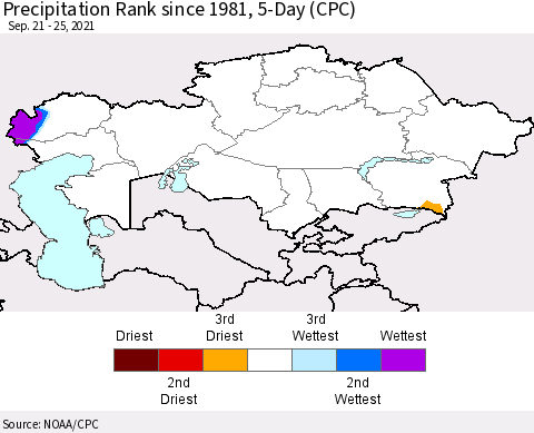 Kazakhstan Precipitation Rank since 1981, 5-Day (CPC) Thematic Map For 9/21/2021 - 9/25/2021