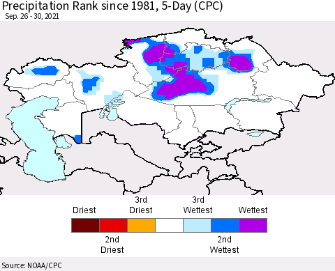 Kazakhstan Precipitation Rank since 1981, 5-Day (CPC) Thematic Map For 9/26/2021 - 9/30/2021