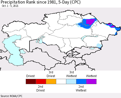 Kazakhstan Precipitation Rank since 1981, 5-Day (CPC) Thematic Map For 10/1/2021 - 10/5/2021