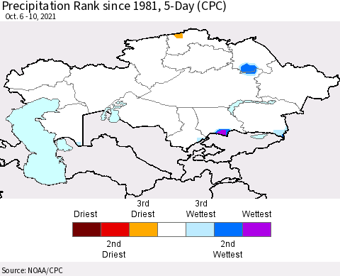 Kazakhstan Precipitation Rank since 1981, 5-Day (CPC) Thematic Map For 10/6/2021 - 10/10/2021