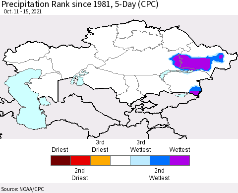 Kazakhstan Precipitation Rank since 1981, 5-Day (CPC) Thematic Map For 10/11/2021 - 10/15/2021