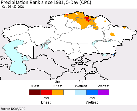 Kazakhstan Precipitation Rank since 1981, 5-Day (CPC) Thematic Map For 10/16/2021 - 10/20/2021
