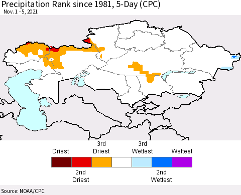 Kazakhstan Precipitation Rank since 1981, 5-Day (CPC) Thematic Map For 11/1/2021 - 11/5/2021