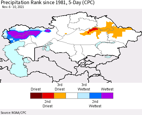 Kazakhstan Precipitation Rank since 1981, 5-Day (CPC) Thematic Map For 11/6/2021 - 11/10/2021