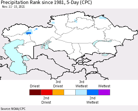 Kazakhstan Precipitation Rank since 1981, 5-Day (CPC) Thematic Map For 11/11/2021 - 11/15/2021