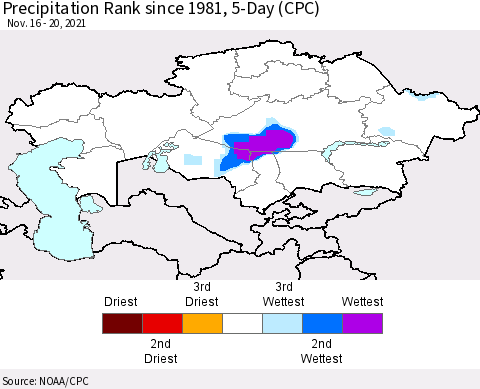 Kazakhstan Precipitation Rank since 1981, 5-Day (CPC) Thematic Map For 11/16/2021 - 11/20/2021