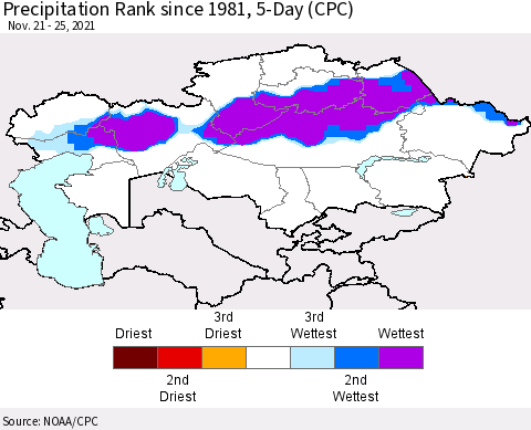 Kazakhstan Precipitation Rank since 1981, 5-Day (CPC) Thematic Map For 11/21/2021 - 11/25/2021