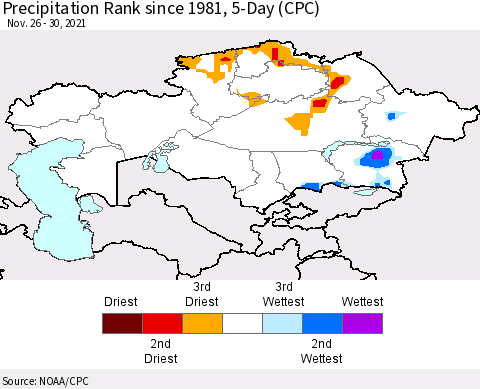 Kazakhstan Precipitation Rank since 1981, 5-Day (CPC) Thematic Map For 11/26/2021 - 11/30/2021