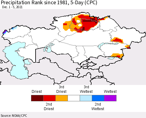 Kazakhstan Precipitation Rank since 1981, 5-Day (CPC) Thematic Map For 12/1/2021 - 12/5/2021