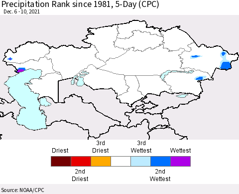 Kazakhstan Precipitation Rank since 1981, 5-Day (CPC) Thematic Map For 12/6/2021 - 12/10/2021