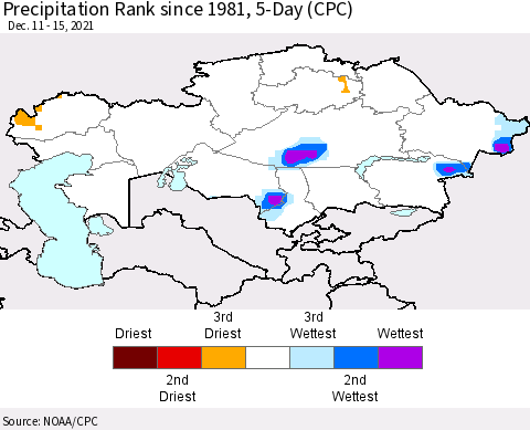 Kazakhstan Precipitation Rank since 1981, 5-Day (CPC) Thematic Map For 12/11/2021 - 12/15/2021