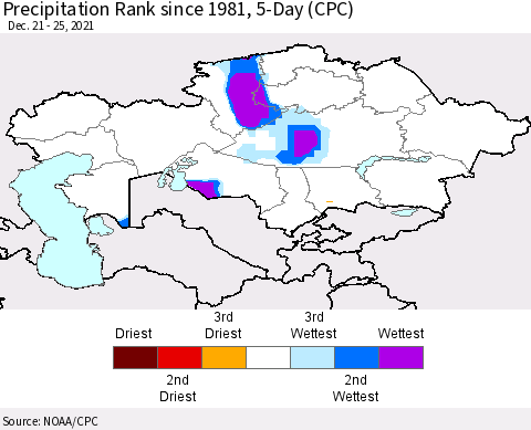 Kazakhstan Precipitation Rank since 1981, 5-Day (CPC) Thematic Map For 12/21/2021 - 12/25/2021