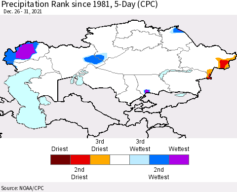 Kazakhstan Precipitation Rank since 1981, 5-Day (CPC) Thematic Map For 12/26/2021 - 12/31/2021