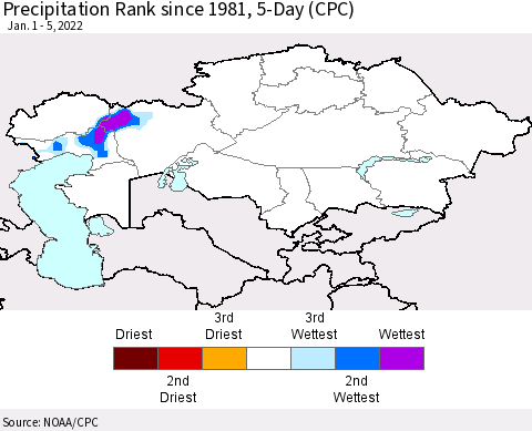 Kazakhstan Precipitation Rank since 1981, 5-Day (CPC) Thematic Map For 1/1/2022 - 1/5/2022