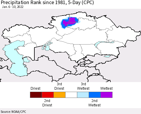 Kazakhstan Precipitation Rank since 1981, 5-Day (CPC) Thematic Map For 1/6/2022 - 1/10/2022